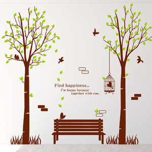cm045-행복을 찾는 자작나무 숲에서/그래픽스티커/자연/나무/새/새장/벤치/풀/나뭇잎/벽돌/식물/인테리어/꾸미기