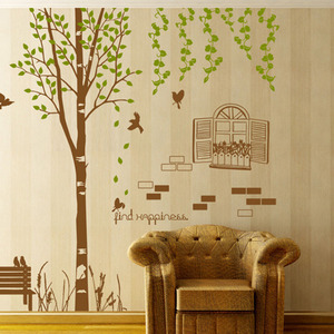 pm050-행복을주는자작나무/그래픽스티커/포인트스티커/나무/넝쿨/창문/벤치/새/거실꾸미기/숲/자연/인테리어